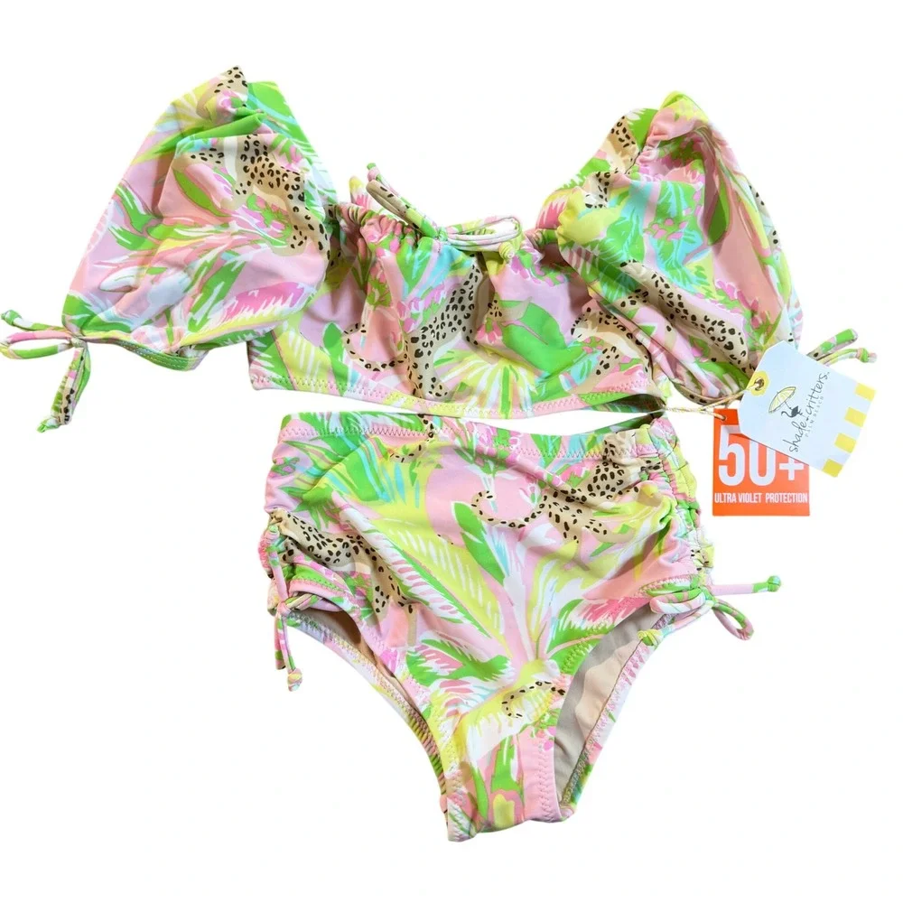 Shade Critters Swimsuit Girls 3T Pink Green Palm Beach Leopard Tropical Beach